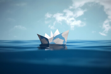 Obraz premium Earth world in a paper boat floating in the ocean. Faith or religion conceptual theme, generative ai