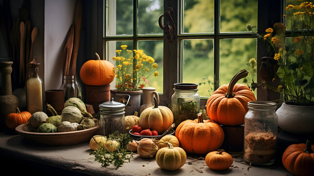 ensemble de courges d'automne pos&eacute;es sur un plan de travail dans une cuisine traditionnelle - IA g&eacute;n&eacute;rative