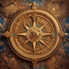 Fototapeta na wymiar beautiful decorative vintage compass made of shiny golden metal on the background of a beautifully illustrated map drawn on parchment paper. Generative AI