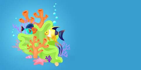 Fototapeta na wymiar Coral reef and fish. 3d vector cartoon illustration. Plasticine art objects