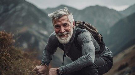 Happy male hiker smiling while standing alone. Cheerful mature man carrying a backpack and standing on a hilltop. Adventurous backpacker enjoying a hike at sunset.