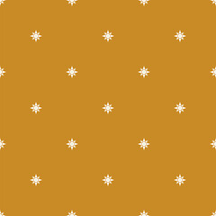 Vector geometric texture with small stars, sun silhouettes, tiny diamond shapes. Abstract minimalist seamless pattern. Simple minimal cute background. Yellow mustard color. Repeat decorative design