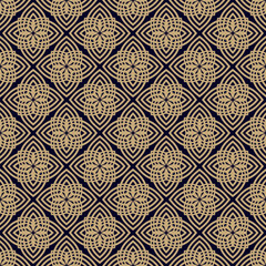 Vector floral ornament. Elegant gold and black seamless pattern. Simple golden geometric ornamental background. Abstract texture with flower silhouettes, petals, curved lines, grid. Luxury design
