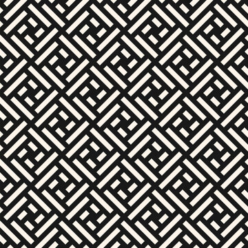 Abstract geometric seamless pattern. Stylish ornament with lines, rectangles, diagonal grid, squares, repeat tiles. Simple black and white geo texture. Modern geometric background. Decorative design