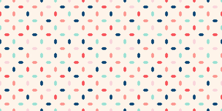 Vector geometric seamless pattern with diamonds, rhombuses, small colorful shapes. Simple abstract minimal ornament. Cute funky background texture. Repeat childish design for decor, package, print