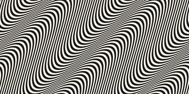 Diagonal curved wavy lines background. Vector seamless pattern with black and white waves, stripes. Dynamical 3D effect, illusion of movement. Modern abstract monochrome texture. Stylish repeat design