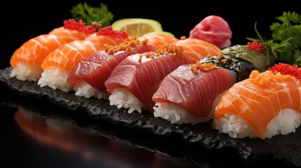 Japanese sushi and rolls. Generative AI