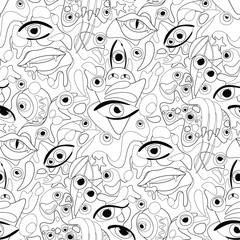 Psyhodelical Pattern with Thousand Eyes, Witchcraft Vibes. Surreal Design on White. Pop Art Cartoon Style. Seamless Pattern, Endless Texture. Vector Contour Illustration. Coloring Book - obrazy, fototapety, plakaty