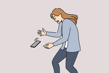 Woman dropped phone and looks shocked at falling gadget, which is at risk of breaking after hitting ground. Girl drops smartphone due to awkward attitude to advertise protective glass or phone cases