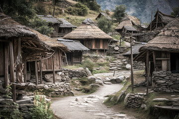 Fototapeta premium Rustic Charms of Nepal: Exploring the Serene Village Life and Traditional Wooden Houses, ai generative