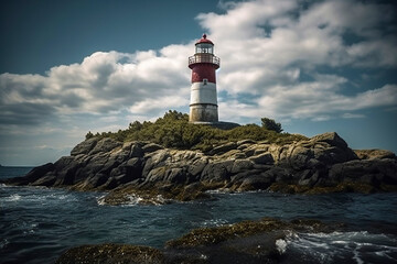 Fototapeta premium Island Serenity: Discovering Tranquility and Coastal Charm in the Shadow of a Majestic Lighthouse, ai generative