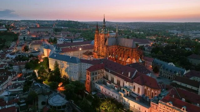 Aerial view of Prague Old Town with St. Vitus Cathedral and Prague castle complex