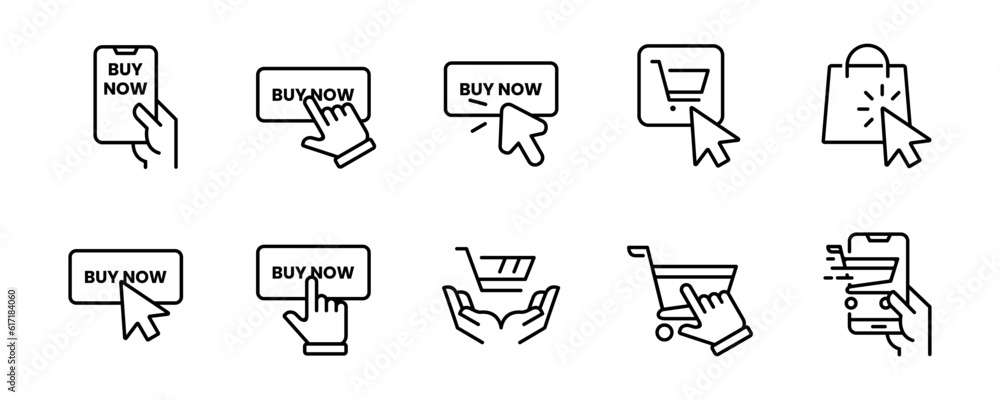 Poster simple click buy now icon set with a pointer clicking on the online shopping cart button illustration vector