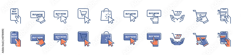 Poster full collection of buy now icons with pointer cursor clicking order product button symbol illustration for online shopping business website or app