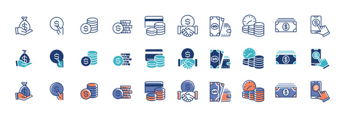 Fototapeta premium full collection of money icons with all variants of styles. stacked coins, bank, cash, earning, salary, and more symbol illustration finance business signs design