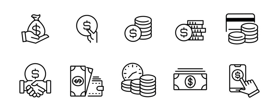 money finance icon set coin stack and billfold vector illustration earning, investment, tax outline symbol template for web and app