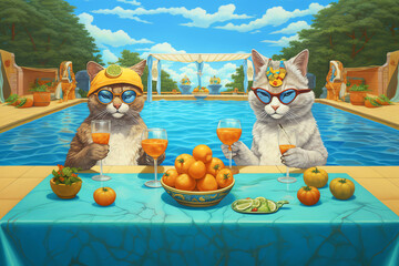 Anthropomorphic cats with blue sunglasses drinking cocktails poolside