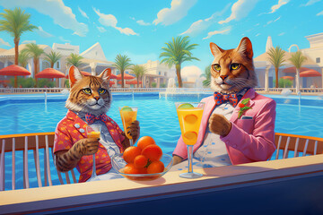 Anthropomorphic cats with bow ties drinking cocktails poolside