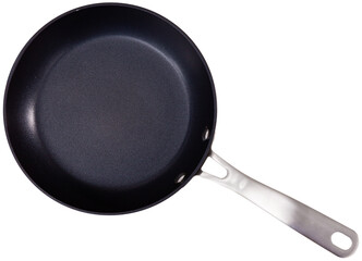 Small black frying pan having nonstick surface and practical long handle. Isolated over white background