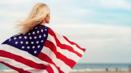 Young happy blonde american woman Holding USA flag 4th july independence day, Memorial Day, Labour Day concept with copy space, generative ai