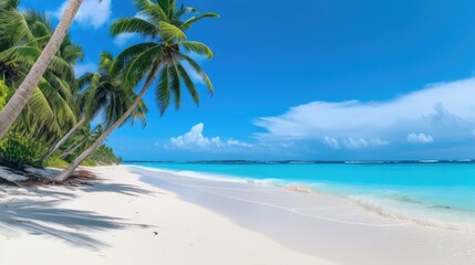 Fototapeta na wymiar photo of a white sandy beach with blue ocean and palm trees - beautiful wallpaper