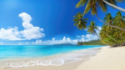 Naklejka na ściany i meble photo of a white sandy beach with blue ocean and palm trees - beautiful wallpaper