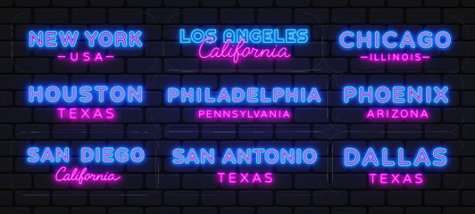 Fototapeta premium Cities in USA neon signs set. New York, Los Angeles, Chicago, Houston, Phoenix collection light signs. Sign boards, light banner. Neon isolated icon, emblem, design template. Vector Illustration