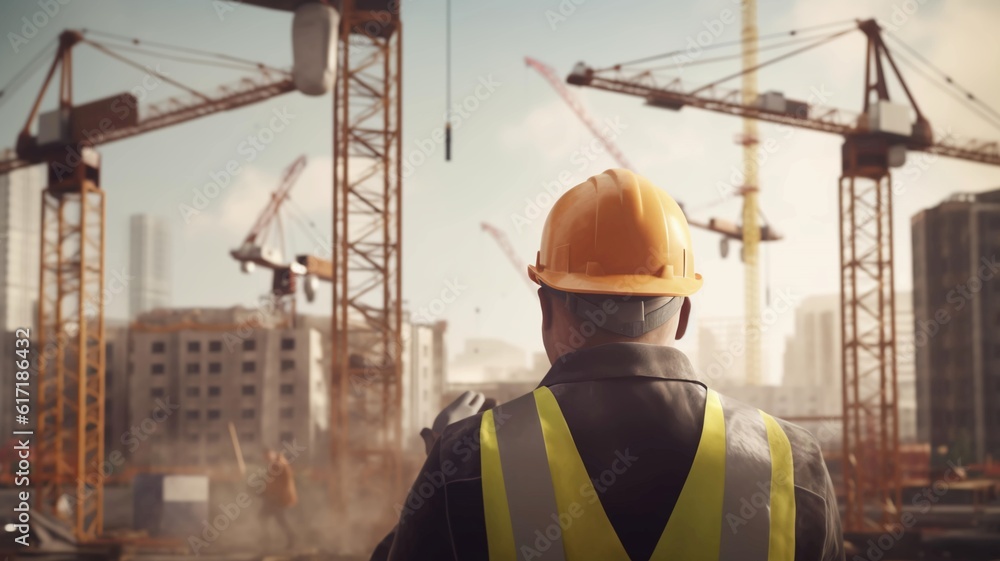 Poster a working man in a protective construction helmet. an engineer at a construction site controls the p