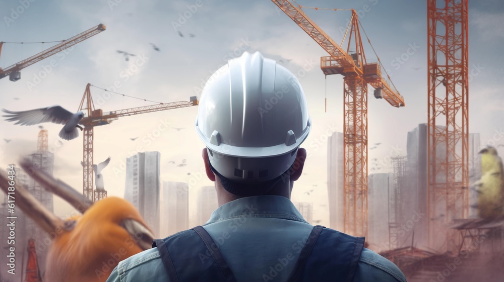 Poster a working man in a protective construction helmet. an engineer at a construction site controls the p