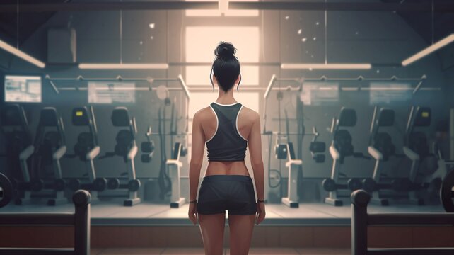 Back view of a woman athlete fitness model with sportswear in the gym. AI generated