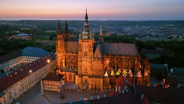 Aerial view of Prague Old Town with St. Vitus Cathedral and Prague castle complex
