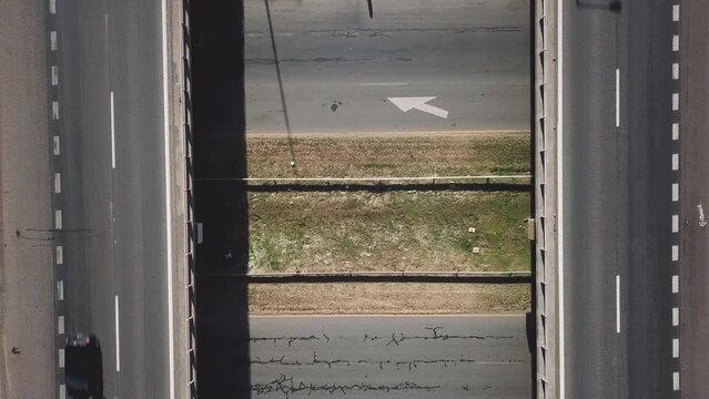 Aerial drone elevation over highway junction with traffic