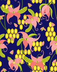 Obraz na płótnie Canvas seamless pattern with flowers and beehive