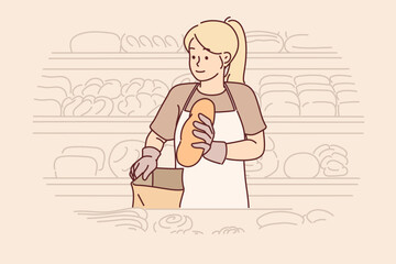 Woman stands in bakery putting bread in paper bag and working as sales assistant