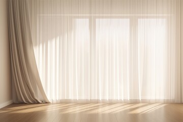 Beautiful sunlight, blowing white sheer linen, blackout curtain from open window - obrazy, fototapety, plakaty