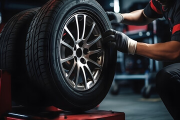 tire at repairing service garage background. Technician man replacing winter and summer tire for safety road trip. Transportation and automotive maintenance concept - obrazy, fototapety, plakaty