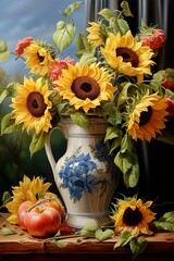 Obraz premium Still life with flower of Sunflower. Beautiful bouquet of sunflowers. Rural Vintage. Retro.