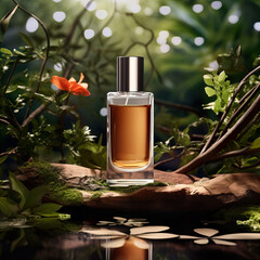 Glass perfume bottle mockup on natural green outdoors botanical background with plants, flowers and wooden elements, beauty product container commercial branding ready template
