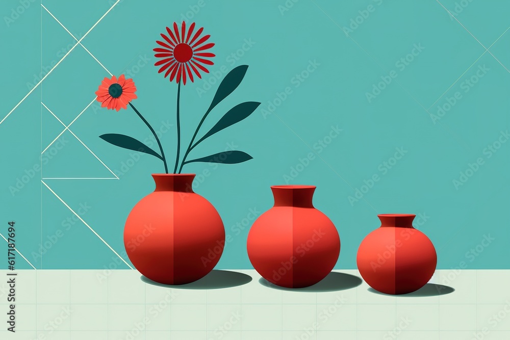 Poster a table with three red vases that each have flowers inside of them.