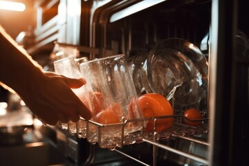 A woman's hand is loading dishes, emptying or unloading a dishwasher with dishes. The housewife puts the plate in the dishwasher or takes it out. Kitchen appliances, lifestyle.Generative AI