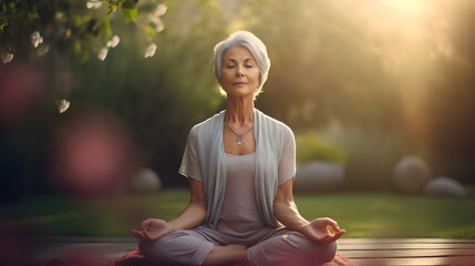 mature senior woman practicing yoga in a quiet garden at sunrise