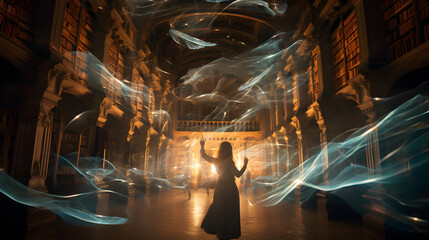 invisible beings leaving shimmering trails in an old library during midnight