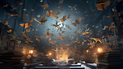 scene of books in a library fluttering open and releasing glowing symbols and creatures into the air during twilight