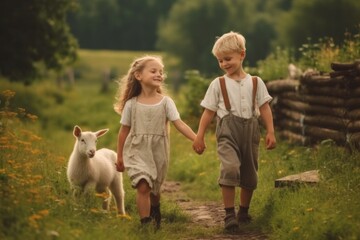 Fototapeta premium happy children at the livestock farm rejoice and help their parents. Generative AI