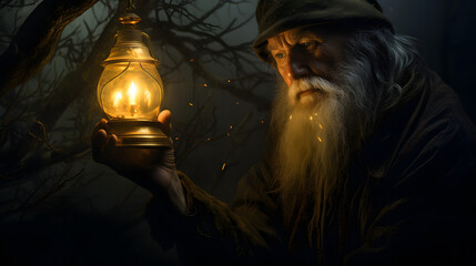  old man using a lantern to guide spirits of the forest back home during a misty night