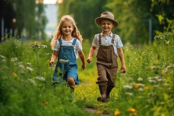 Fototapeta premium happy children at the livestock farm rejoice and help their parents. Generative AI
