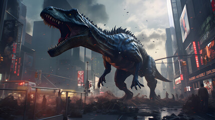  time-traveling dinosaurs exploring a modern city