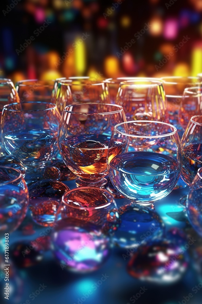Poster a number of wine glasses arranged in a cluster on top of the table