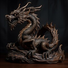 Fototapeta premium Traditional-style Japanese Dragon Carved from wood, the photo depicts traditional Japanese wood statue carving.