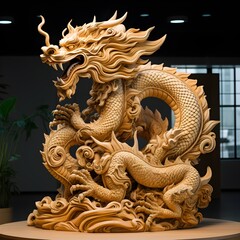 Obraz premium Traditional-style Japanese Dragon Carved from wood, the photo depicts traditional Japanese wood statue carving.